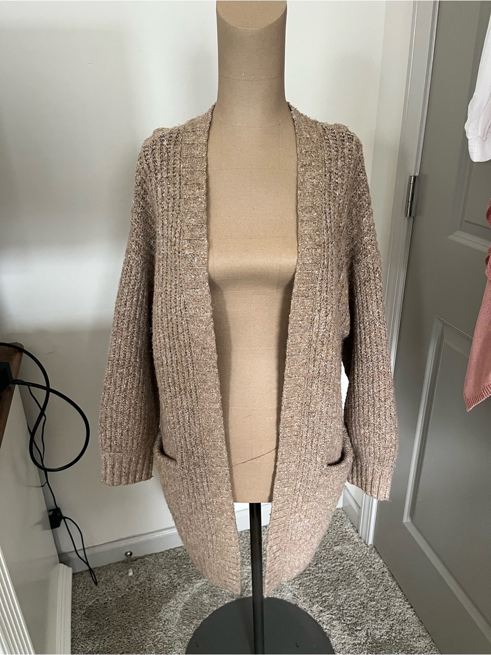 ruby moon Open-Front Chunky Knit Cardigan in Taupe Sz S